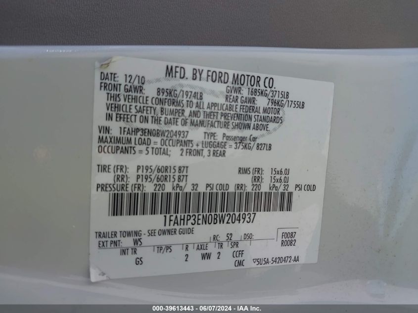 2011 Ford Focus S VIN: 1FAHP3EN0BW204937 Lot: 39613443