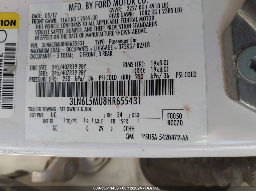 2017 Lincoln Mkz Hybrid Reserve VIN: 3LN6L5MU8HR655431 Lot: 39613459