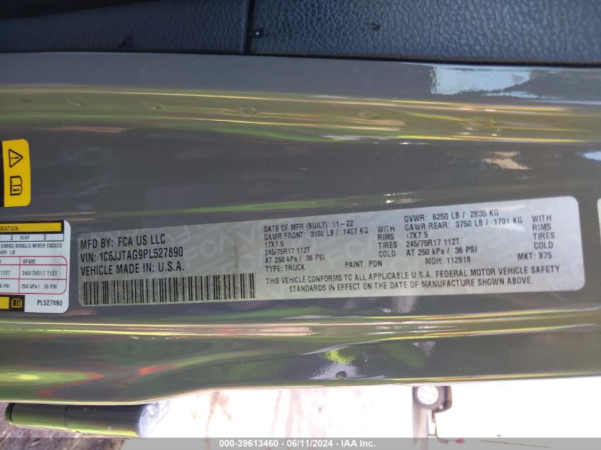 2023 Jeep Gladiator Sport S 4X4 VIN: 1C6JJTAG9PL527890 Lot: 39613460