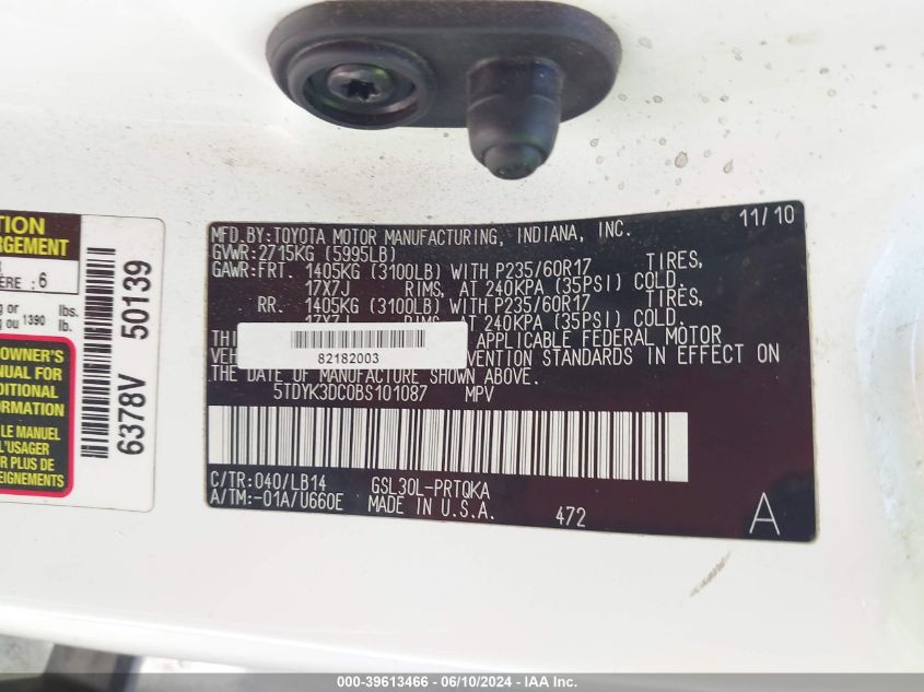 2011 Toyota Sienna Xle V6 VIN: 5TDYK3DC0BS101087 Lot: 39613466