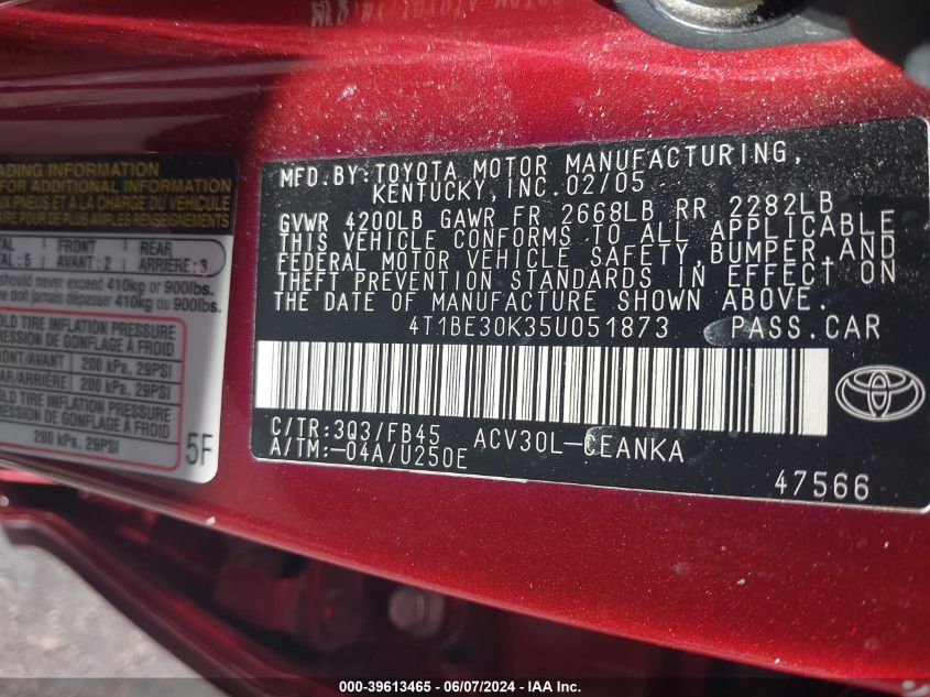 2005 Toyota Camry Le VIN: 4T1BE30K35U051873 Lot: 39613465