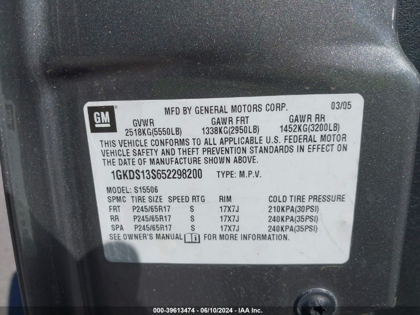 2005 GMC Envoy Sle VIN: 1GKDS13S652298200 Lot: 39613474