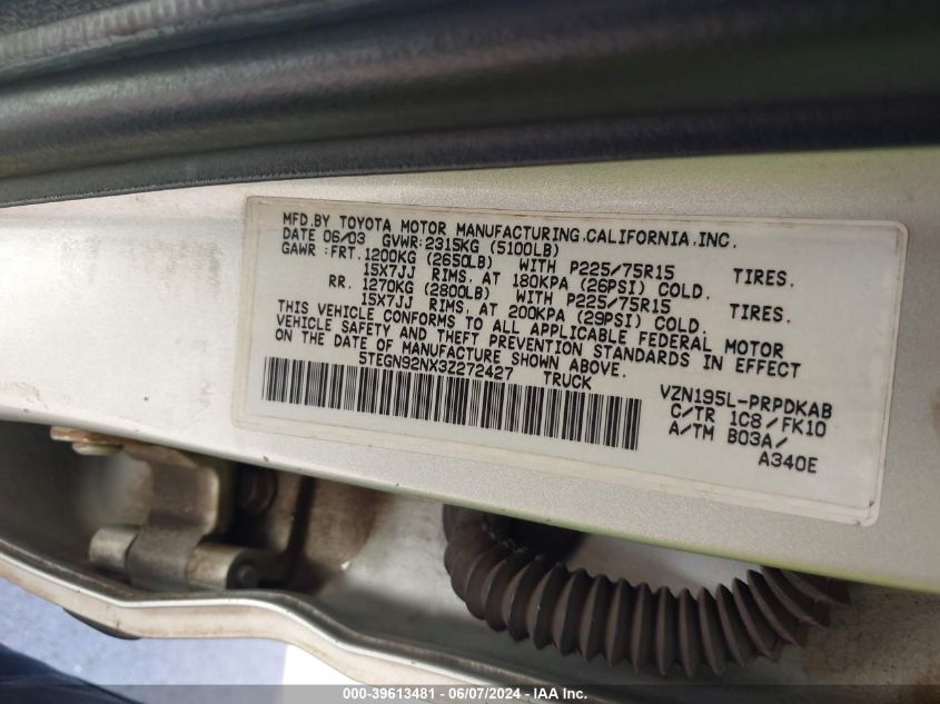 2003 Toyota Tacoma Prerunner V6 VIN: 5TEGN92NX3Z272427 Lot: 39613481