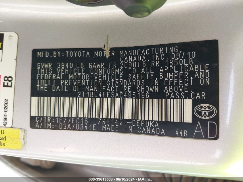 2010 Toyota Corolla Le VIN: 2T1BU4EE5AC495196 Lot: 39613508