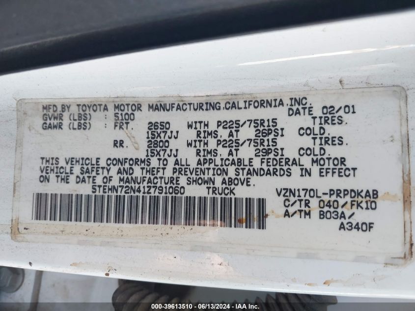 2001 Toyota Tacoma Base V6 VIN: 5TEHN72N41Z791060 Lot: 39613510