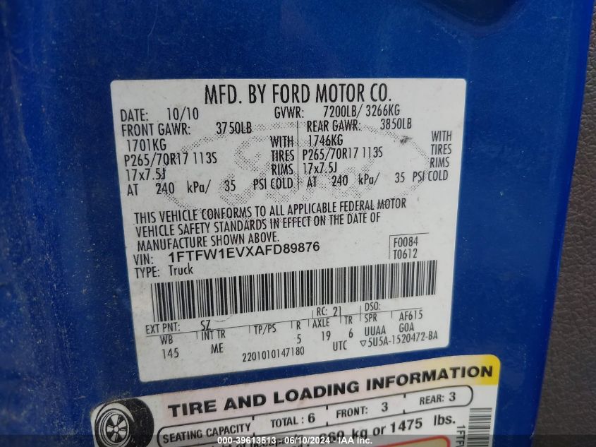 2010 Ford F-150 Fx4/Harley-Davidson/King Ranch/Lariat/Platinum/Xl/Xlt VIN: 1FTFW1EVXAFD89876 Lot: 39613513