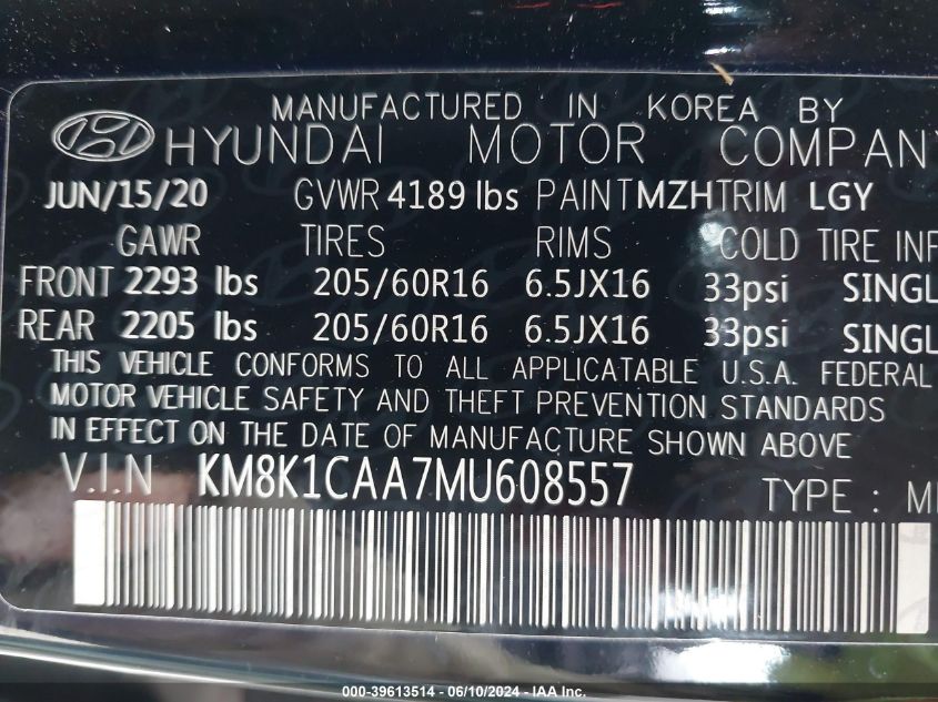 2021 Hyundai Kona Se VIN: KM8K1CAA7MU608557 Lot: 39613514