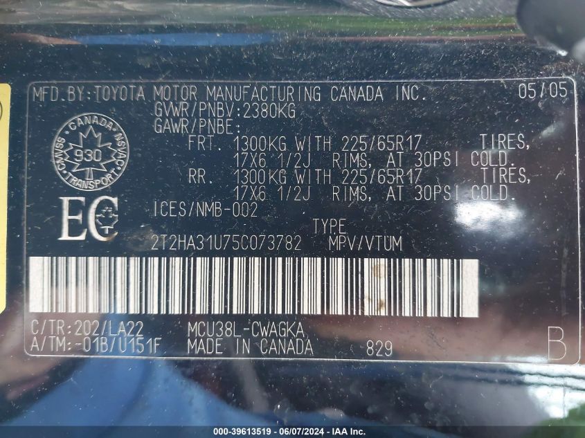 2005 Lexus Rx 330 VIN: 2T2HA31U75C073782 Lot: 39613519