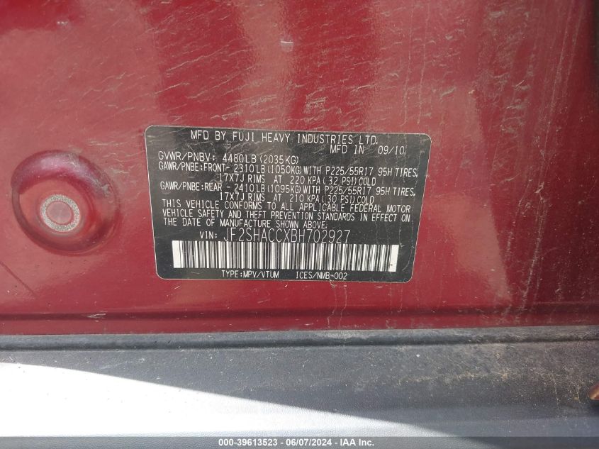 2011 Subaru Forester 2.5X Premium VIN: JF2SHACCXBH702927 Lot: 39613523