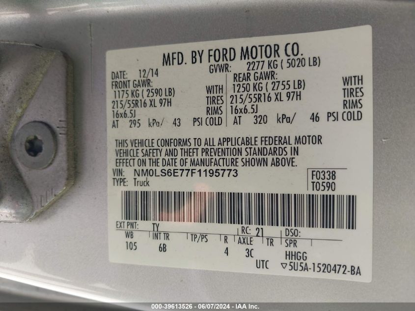 2015 Ford Transit Connect Xl VIN: NM0LS6E77F1195773 Lot: 39613526