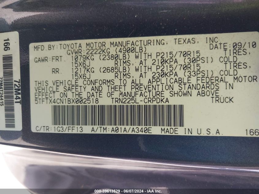 2011 Toyota Tacoma VIN: 5TFTX4CN1BX002518 Lot: 39613529