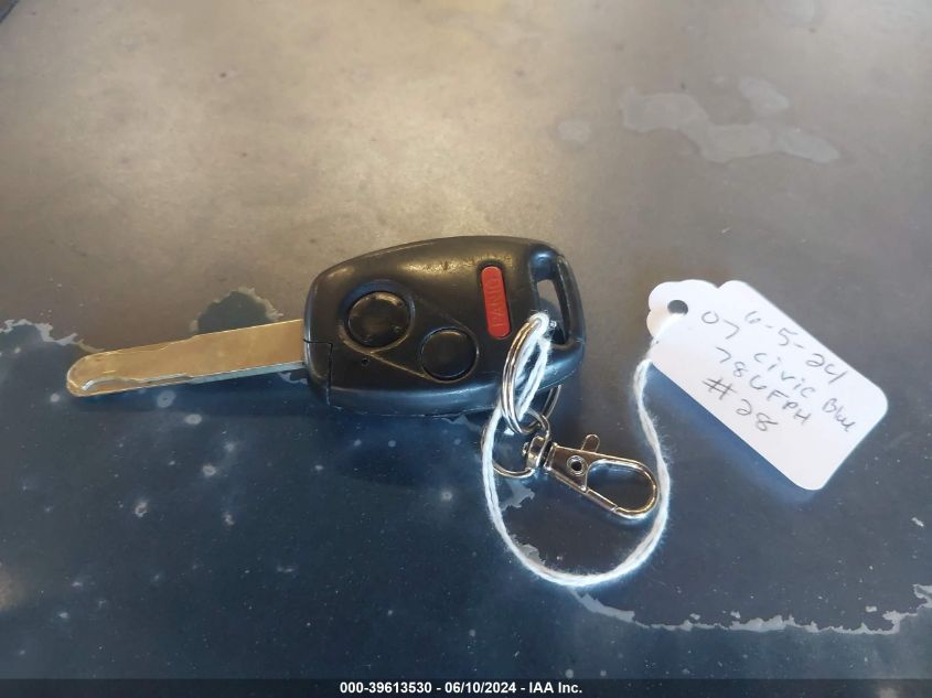 2007 Honda Civic Lx VIN: 2HGFA16567H513423 Lot: 39613530