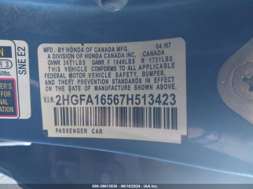 2007 Honda Civic Lx VIN: 2HGFA16567H513423 Lot: 39613530