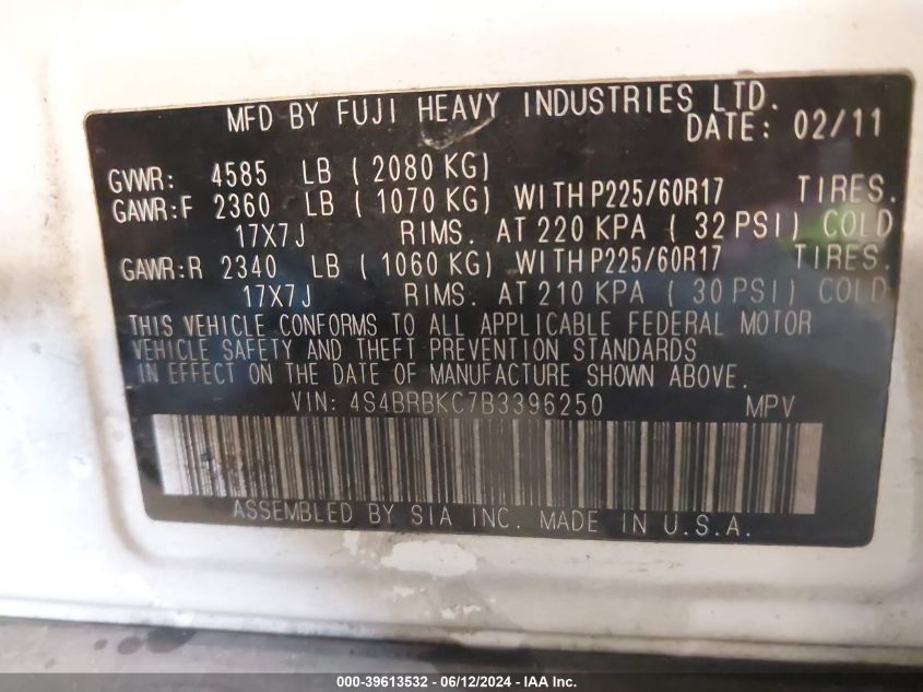 2011 Subaru Outback 2.5I Limited VIN: 4S4BRBKC7B3396250 Lot: 39613532
