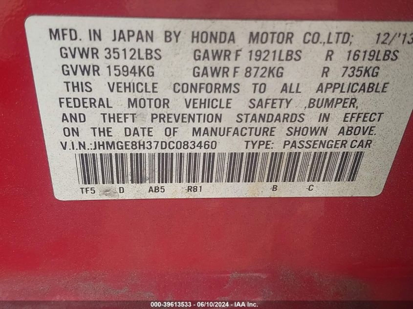 2013 Honda Fit VIN: JHMGE8H37DC083460 Lot: 39613533