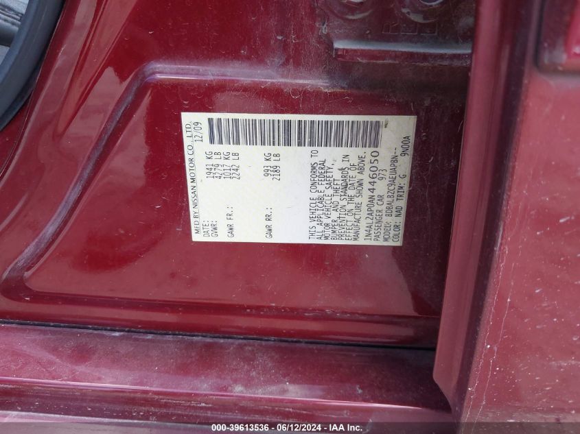 2010 Nissan Altima 2.5 S VIN: 1N4AL2AP0AN446050 Lot: 39613536