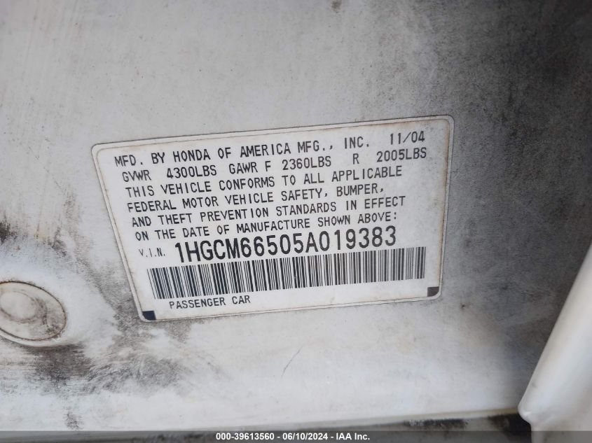 2005 Honda Accord 3.0 Ex VIN: 1HGCM66505A019383 Lot: 39613560