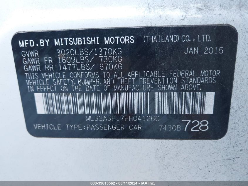 2015 Mitsubishi Mirage De VIN: ML32A3HJ7FH041260 Lot: 39613562