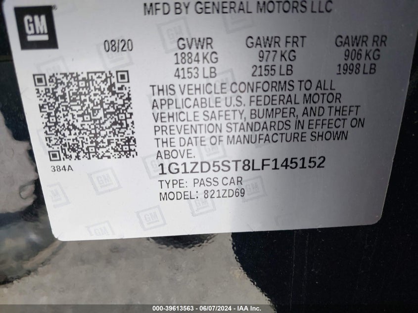 2020 Chevrolet Malibu Fwd Lt VIN: 1G1ZD5ST8LF145152 Lot: 39613563