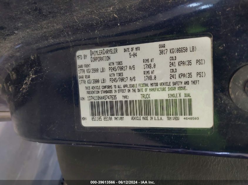 2004 Dodge Ram 1500 Slt/Laramie VIN: 1D7HU18NX4S747635 Lot: 39613566