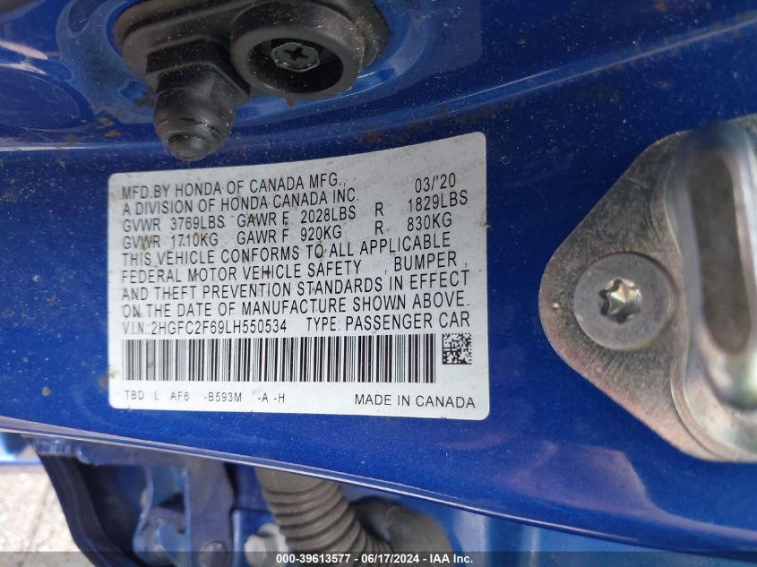 2020 Honda Civic Lx VIN: 2HGFC2F69LH550534 Lot: 39613577