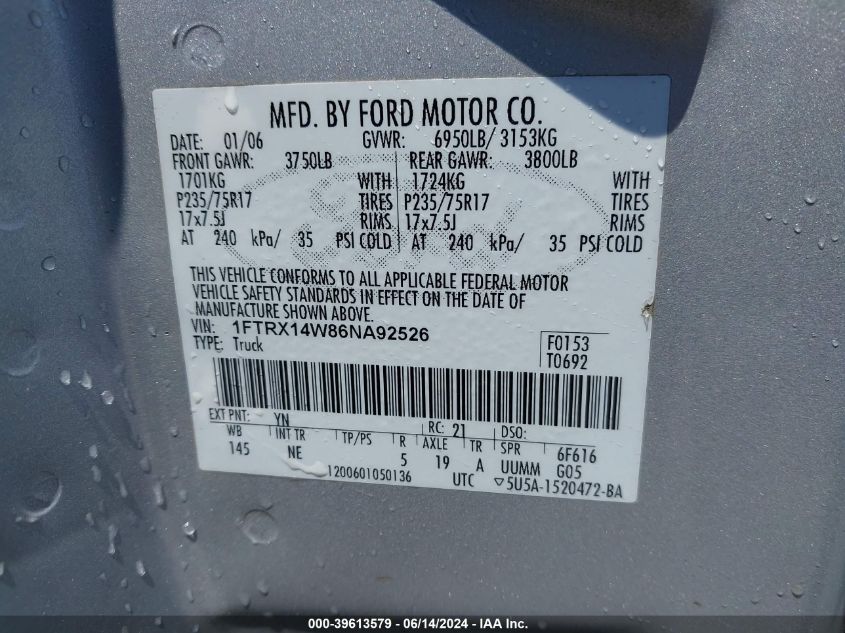 2006 Ford F-150 Stx/Xl/Xlt VIN: 1FTRX14W86NA92526 Lot: 39613579