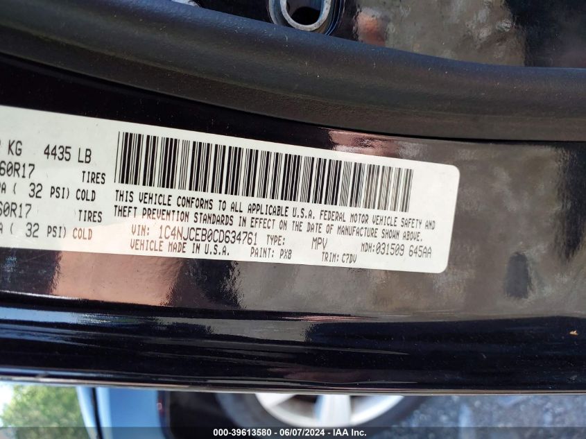 2012 Jeep Compass Latitude VIN: 1C4NJCEB0CD634761 Lot: 39613580