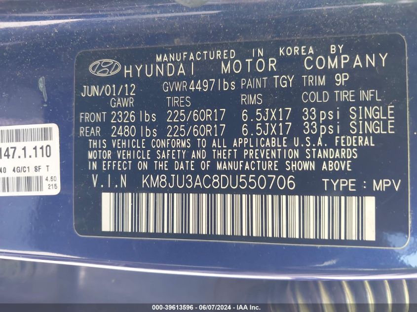 2013 Hyundai Tucson Gls VIN: KM8JU3AC8DU550706 Lot: 39613596