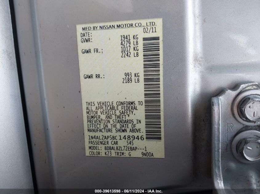 2011 Nissan Altima 2.5 S VIN: 1N4AL2AP5BC148946 Lot: 39613598