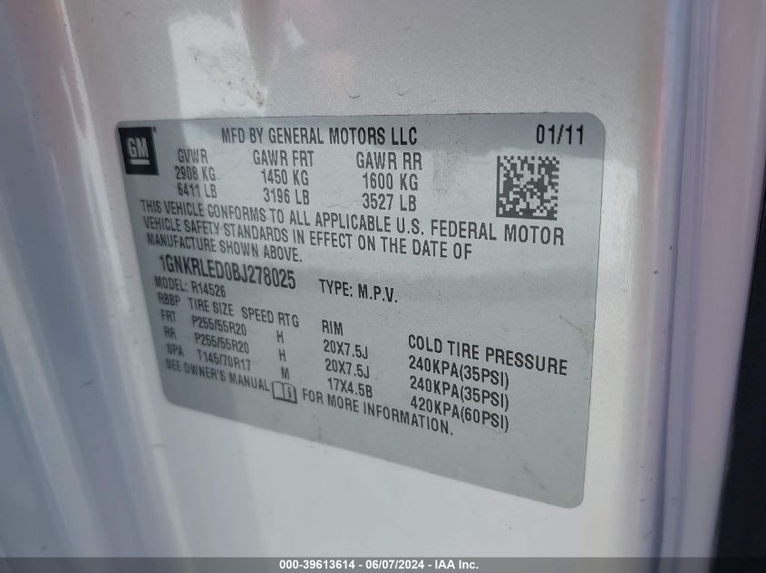 2011 Chevrolet Traverse Ltz VIN: 1GNKRLED0BJ278025 Lot: 39613614