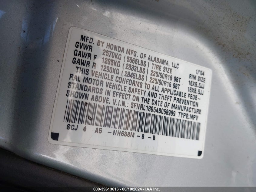 2004 Honda Odyssey Ex-L VIN: 5FNRL18954B058989 Lot: 39613616