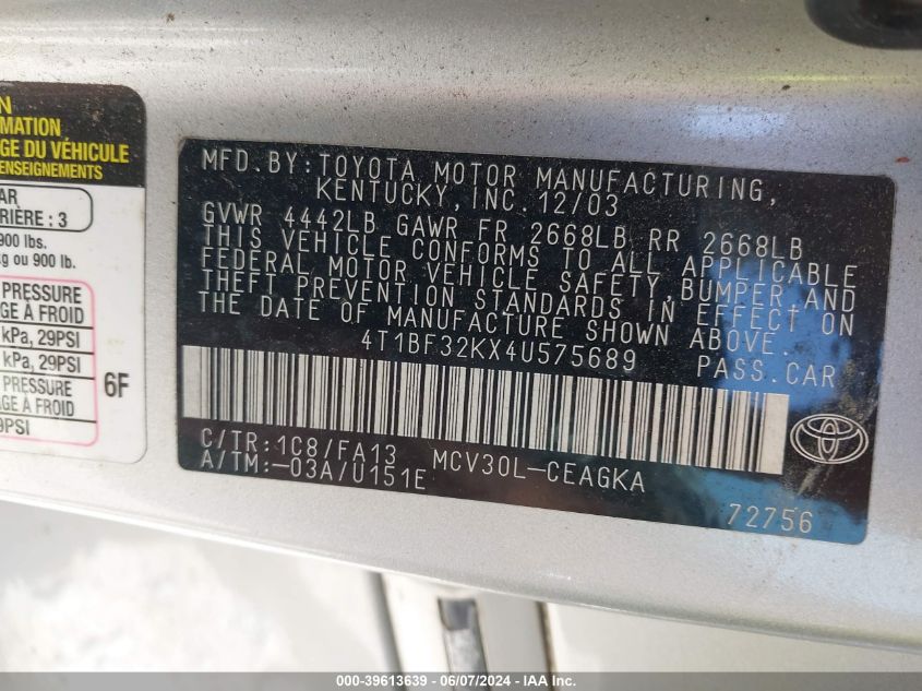 2004 Toyota Camry Xle V6 VIN: 4T1BF32KX4U575689 Lot: 39613639