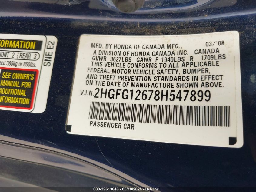 2008 Honda Civic Lx VIN: 2HGFG12678H547899 Lot: 39613646