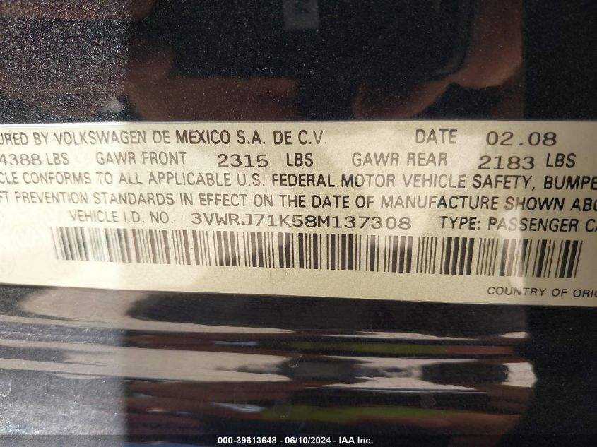 2008 Volkswagen Jetta Wolfsburg Edition VIN: 3VWRJ71K58M137308 Lot: 39613648