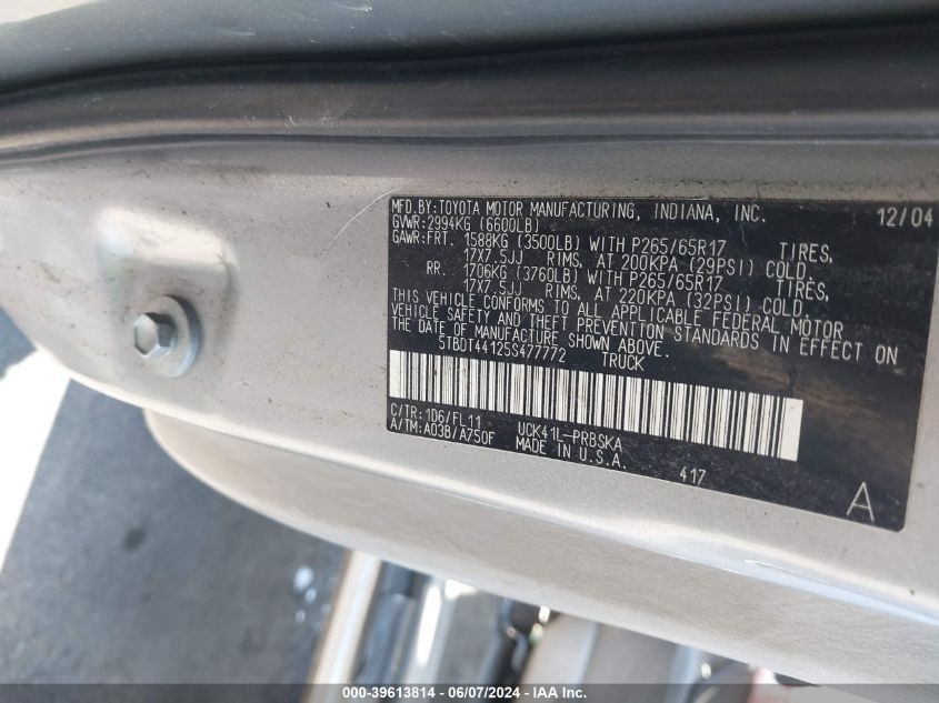 2005 Toyota Tundra Sr5 V8 VIN: 5TBDT44125S477772 Lot: 39613814