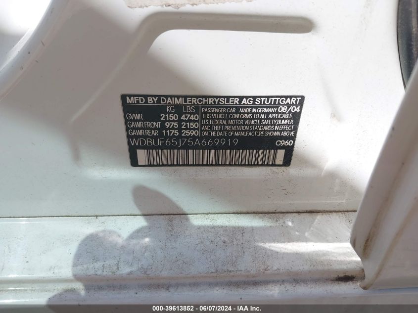 2005 Mercedes-Benz E 320 VIN: WDBUF65J75A669919 Lot: 39613852