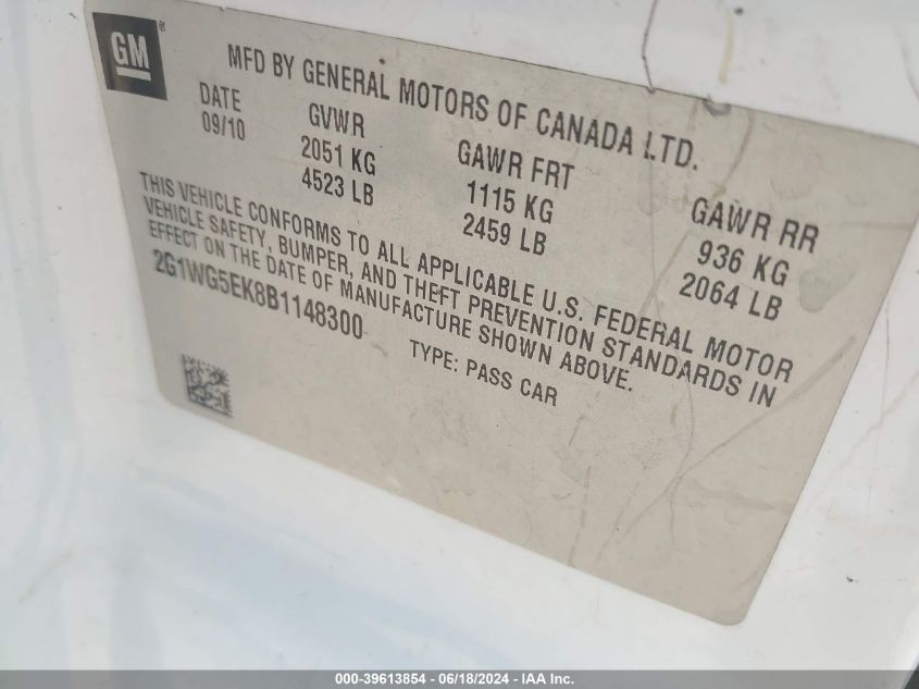 2011 Chevrolet Impala Lt VIN: 2G1WG5EK8B1148300 Lot: 39613854