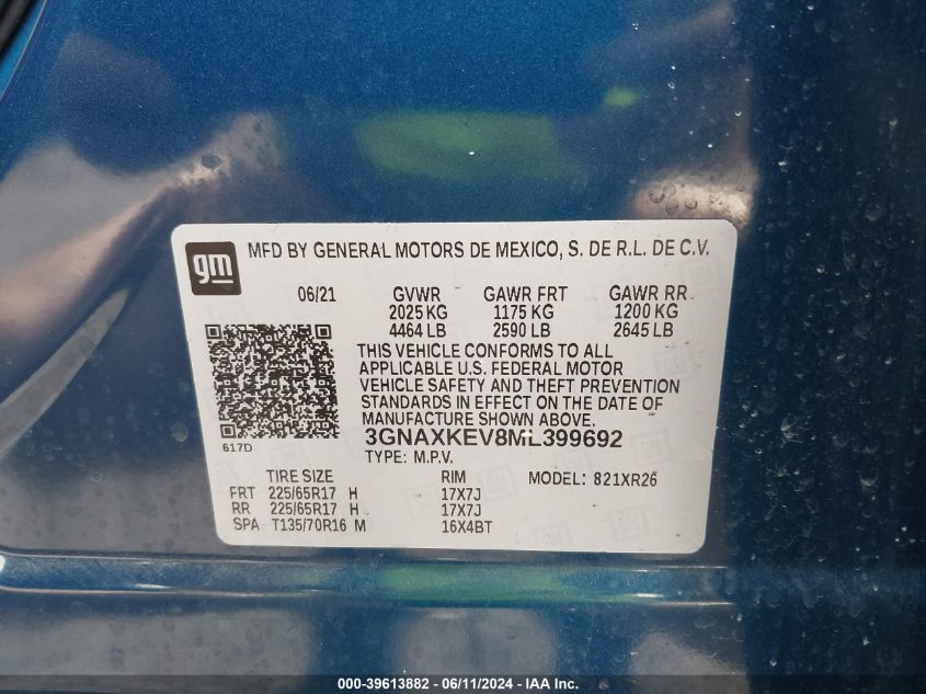 2021 Chevrolet Equinox Fwd Lt VIN: 3GNAXKEV8ML399692 Lot: 39613882