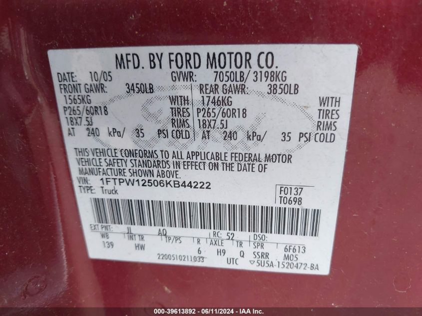 2006 Ford F-150 Lariat/Xlt VIN: 1FTPW12506KB44222 Lot: 39613892