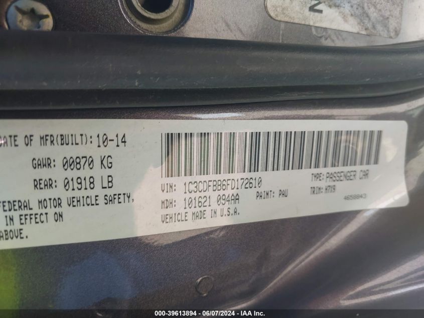 2015 Dodge Dart Sxt VIN: 1C3CDFBB6FD172610 Lot: 39613894