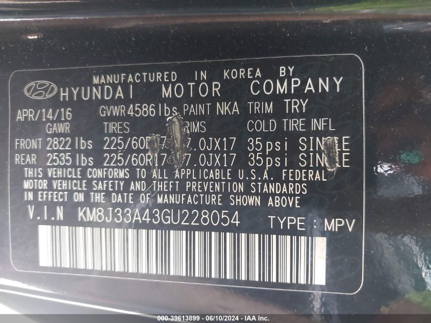 2016 Hyundai Tucson Se VIN: KM8J33A43GU228054 Lot: 39613899