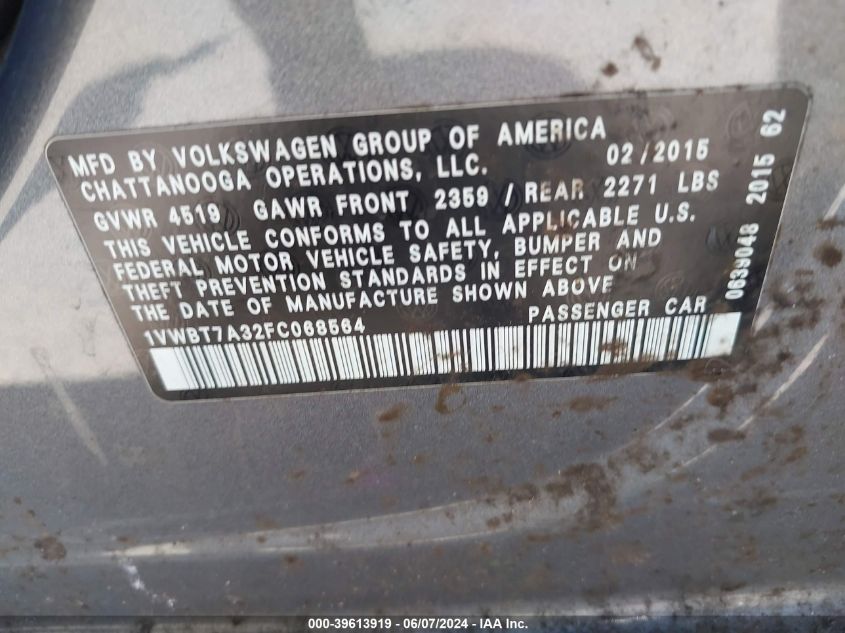 2015 Volkswagen Passat 1.8T Se VIN: 1VWBT7A32FC068564 Lot: 39613919