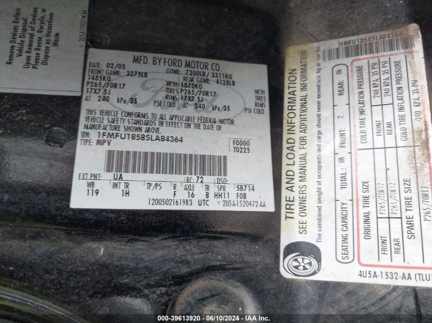 2005 Ford Expedition Eddie Bauer/King Ranch VIN: 1FMFU18585LA84364 Lot: 39613920