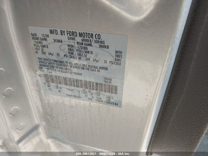 2010 Ford F-150 Xlt VIN: 1FTEX1C82AFB18395 Lot: 39613921