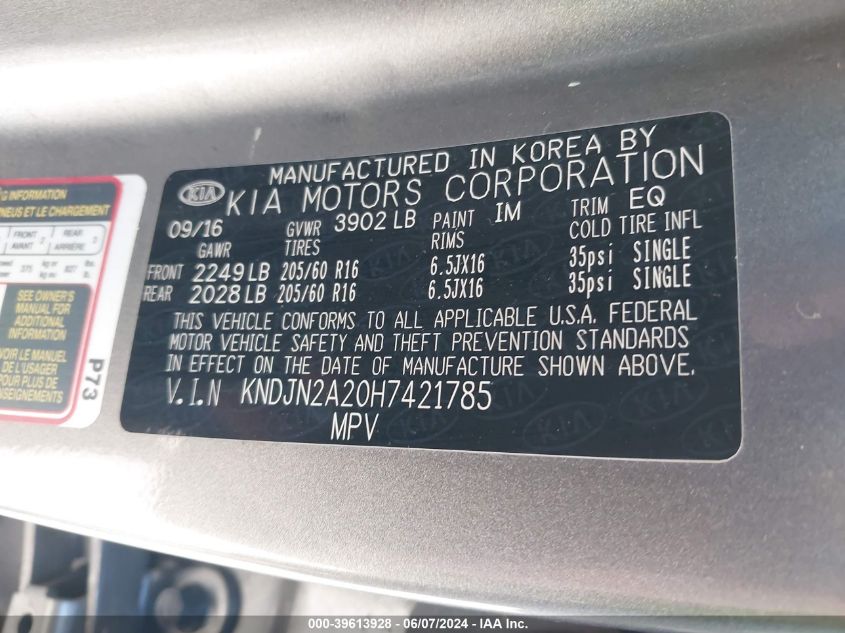 2017 Kia Soul Base VIN: KNDJN2A20H7421785 Lot: 39613928