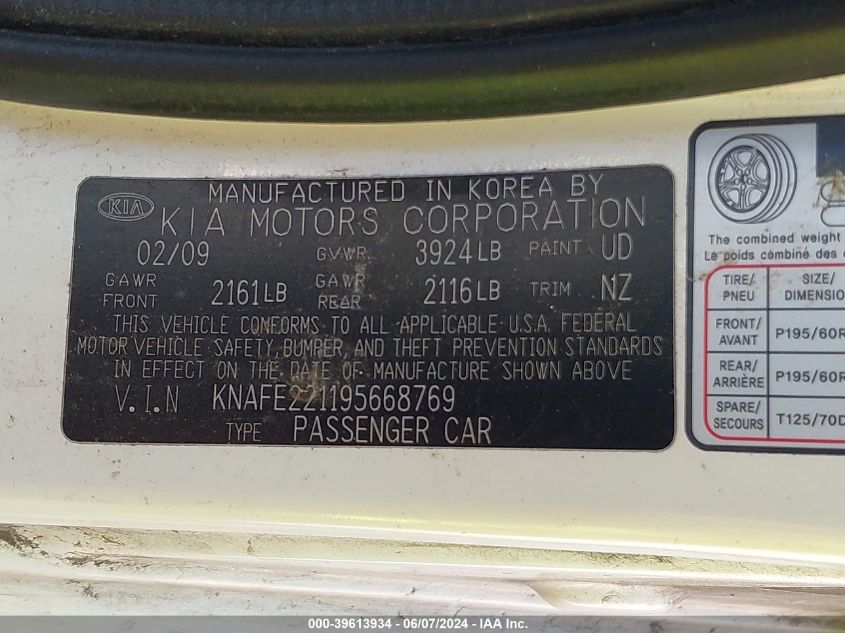 2009 Kia Spectra Ex VIN: KNAFE221195668769 Lot: 39613934