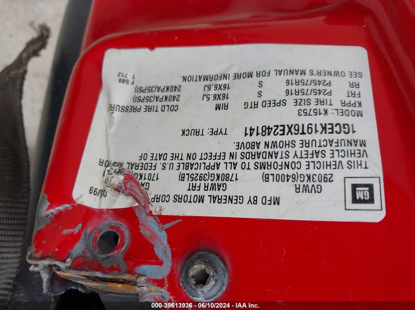 1999 Chevrolet Silverado 1500 VIN: 1GCEK19T6XE248141 Lot: 39613936