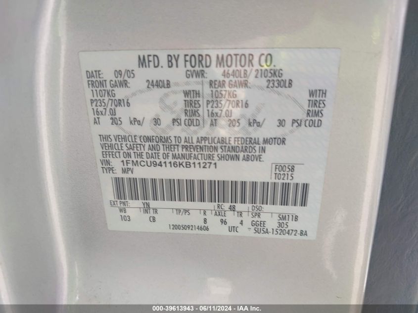 2006 Ford Escape Limited VIN: 1FMCU94116KB11271 Lot: 39613943