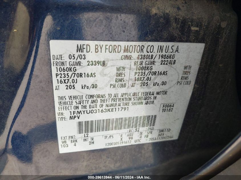 2003 Ford Escape Xlt VIN: 1FMYU03163KE11791 Lot: 39613944