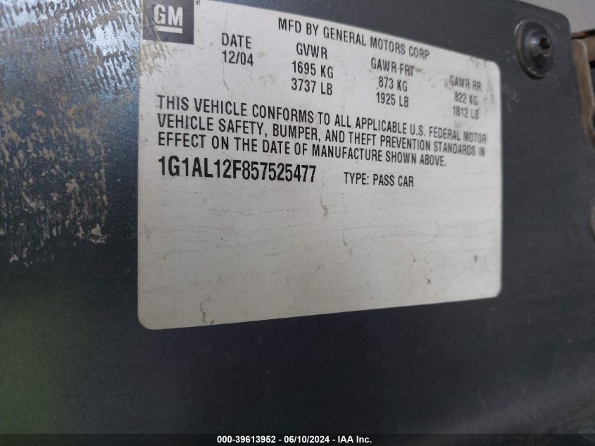 2005 Chevrolet Cobalt Ls VIN: 1G1AL12F857525477 Lot: 39613952